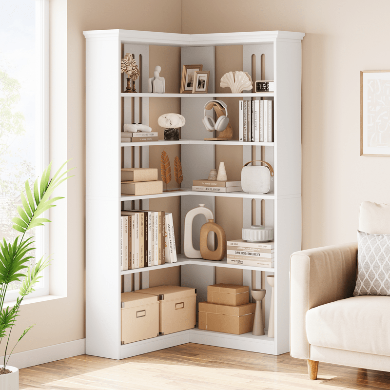 Cabihome 72. 8 Inch L-Shaped Corner Bookcase, 5-Layer Large Modern Bookshelf, Vertical Bookcase, Floor-standing Display Cabinet Storage Rack for Home Office, Living Room, Hallway, Study, Bedroom (White\u002F Vintage Color)