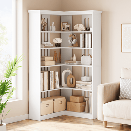 Cabihome 72. 8 Inch L-Shaped Corner Bookcase, 5-Layer Large Modern Bookshelf, Vertical Bookcase, Floor-standing Display Cabinet Storage Rack for Home Office, Living Room, Hallway, Study, Bedroom (White\u002F Vintage Color)